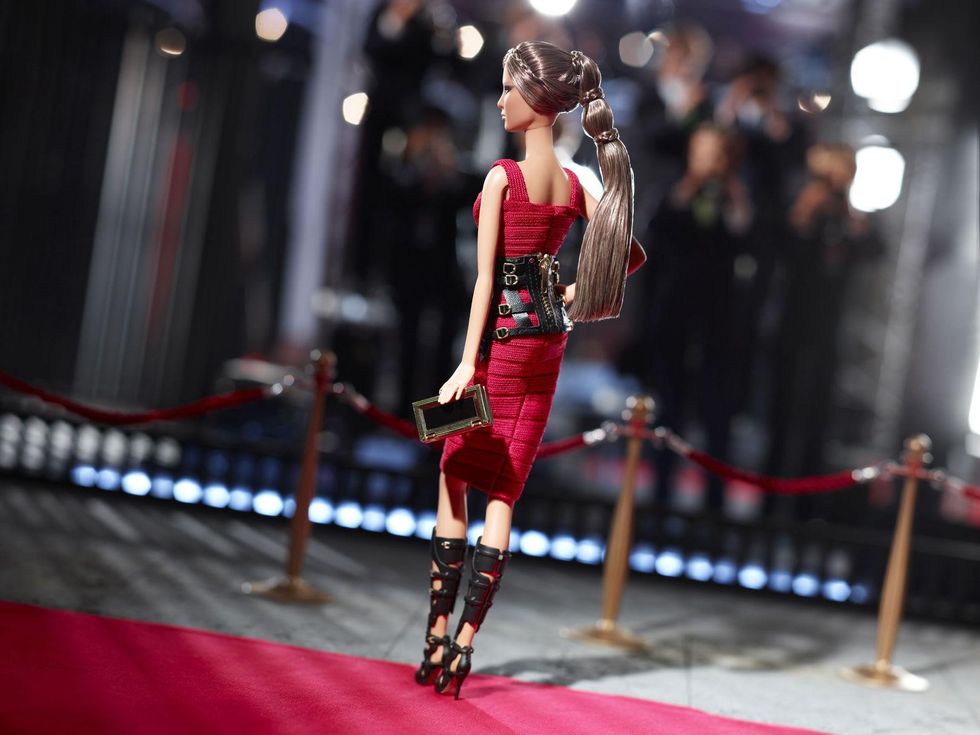 3 Herv\u00e9 L\u00e9ger by Max Azria Barbie September 2013 red outfit on runway from back