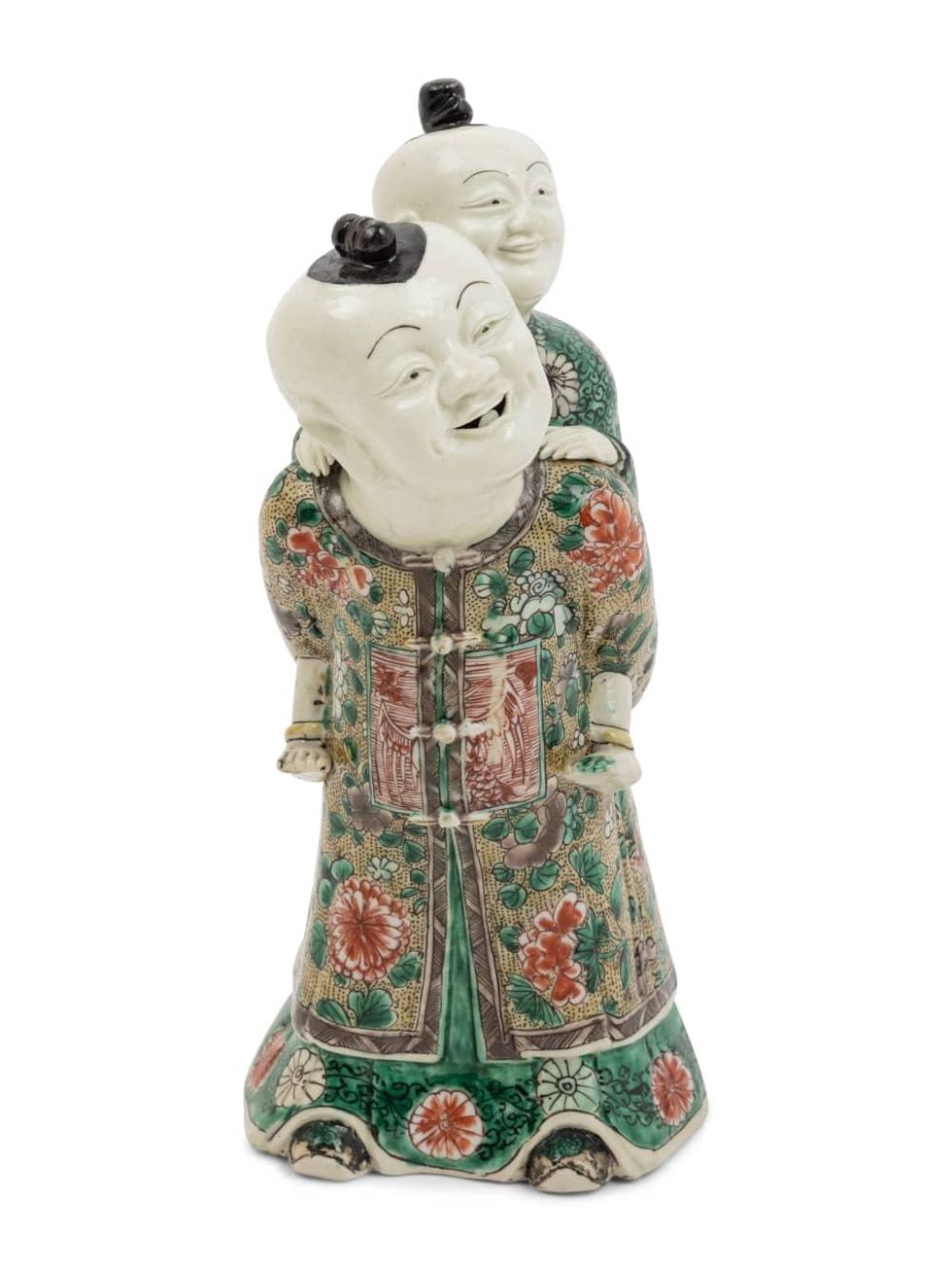 A Chinese Famille Verte Biscuit Porcelain 'Piggyback' Group