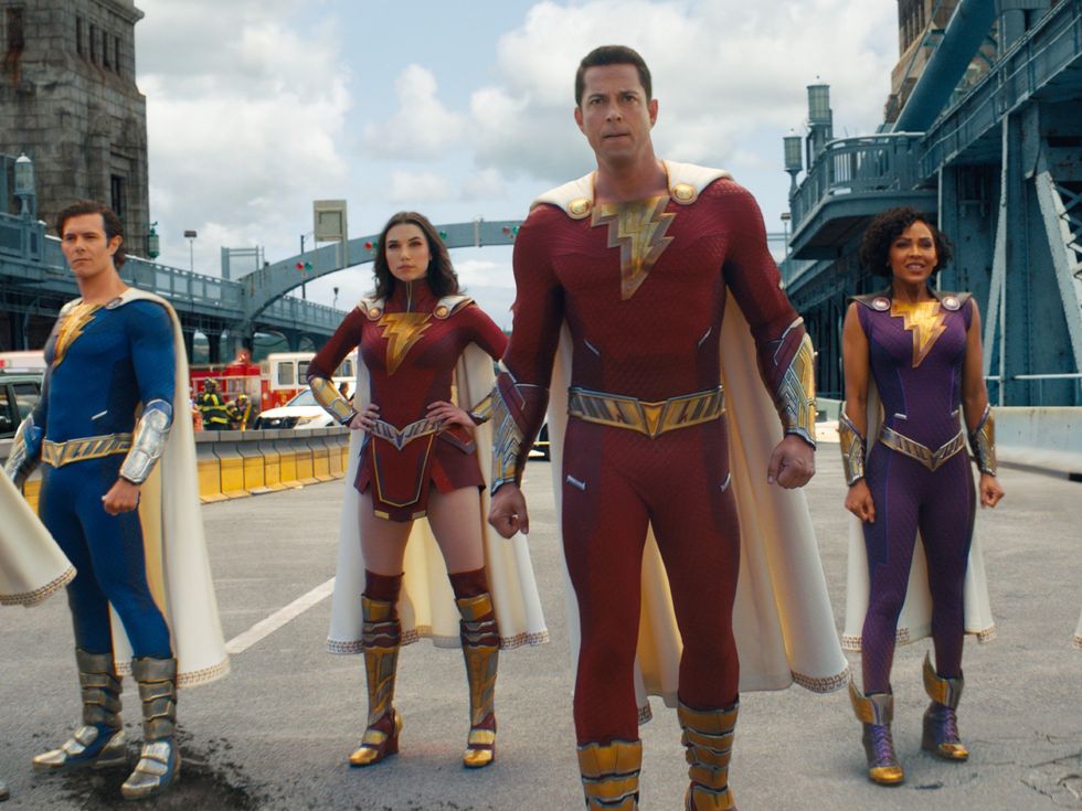 Adam Brody, Grace Caroline Currey, Zachary Levi, and Meagan Good in Shazam! Fury of the Gods