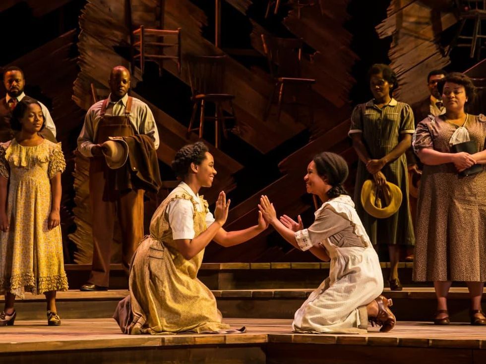 Adrianna Hicks (Celie) and N'Jameh Camara (Nettie) and the North American tour cast of The Color Purple
