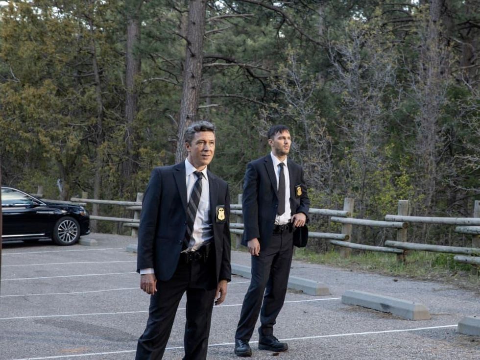 Aiden Gillen and Nicholas Hoult in Those Who Wish Me Dead