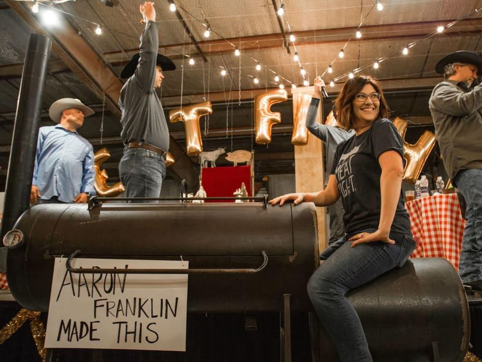 Alice Laussade on Aaron Franklin's smoker at Meat Fight 2015