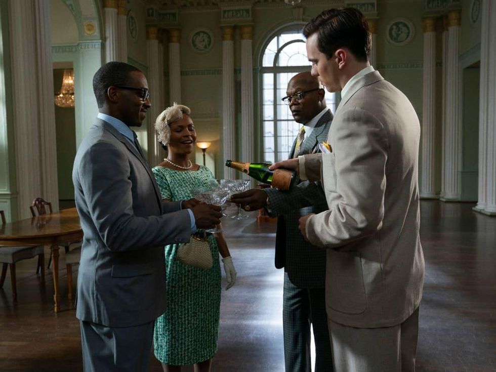 Anthony Mackie, Nia Long, Samuel L. Jackson, and Nicholas Hoult in The Banker