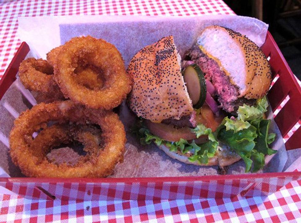 Burger and onion rings at Balls Hamburgers in Dallas