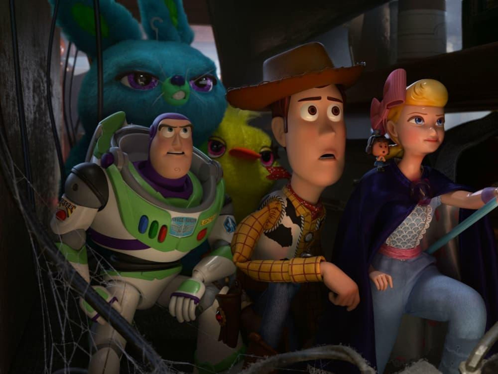 Buzz Lightyear, Bunny, Ducky, Woody, and Bo Peep in Toy Story 4