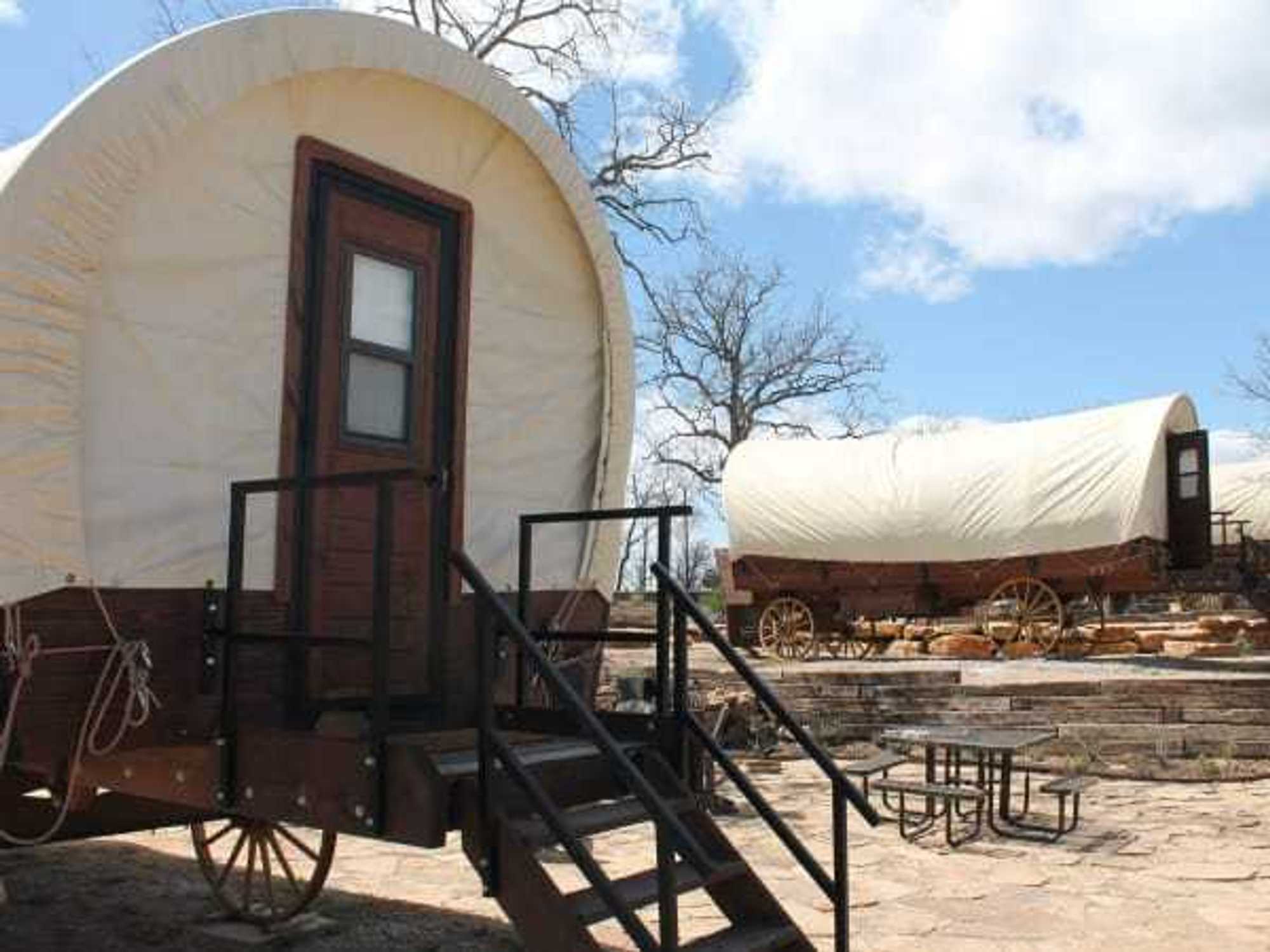 Camp Quitcherbichin in Lake Bridgeport covered wagons