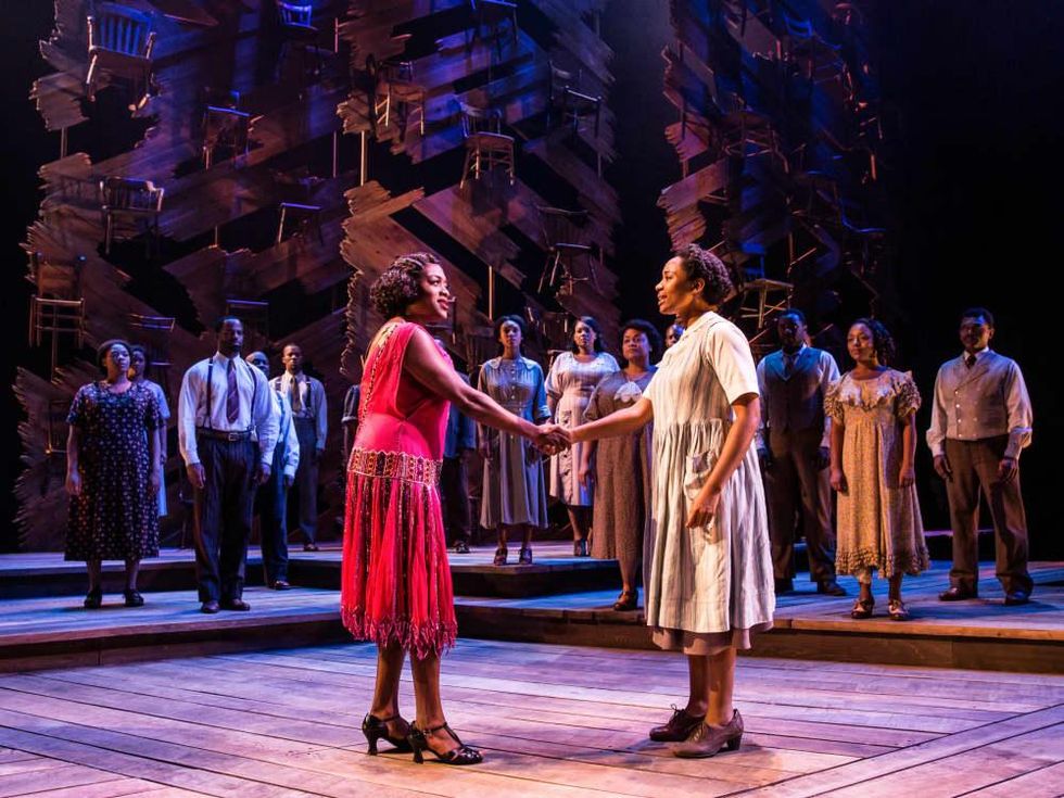 Carla R. Stewart (Shug Avery) and Adrianna Hicks (Celie) and the North American tour cast of The Color Purple
