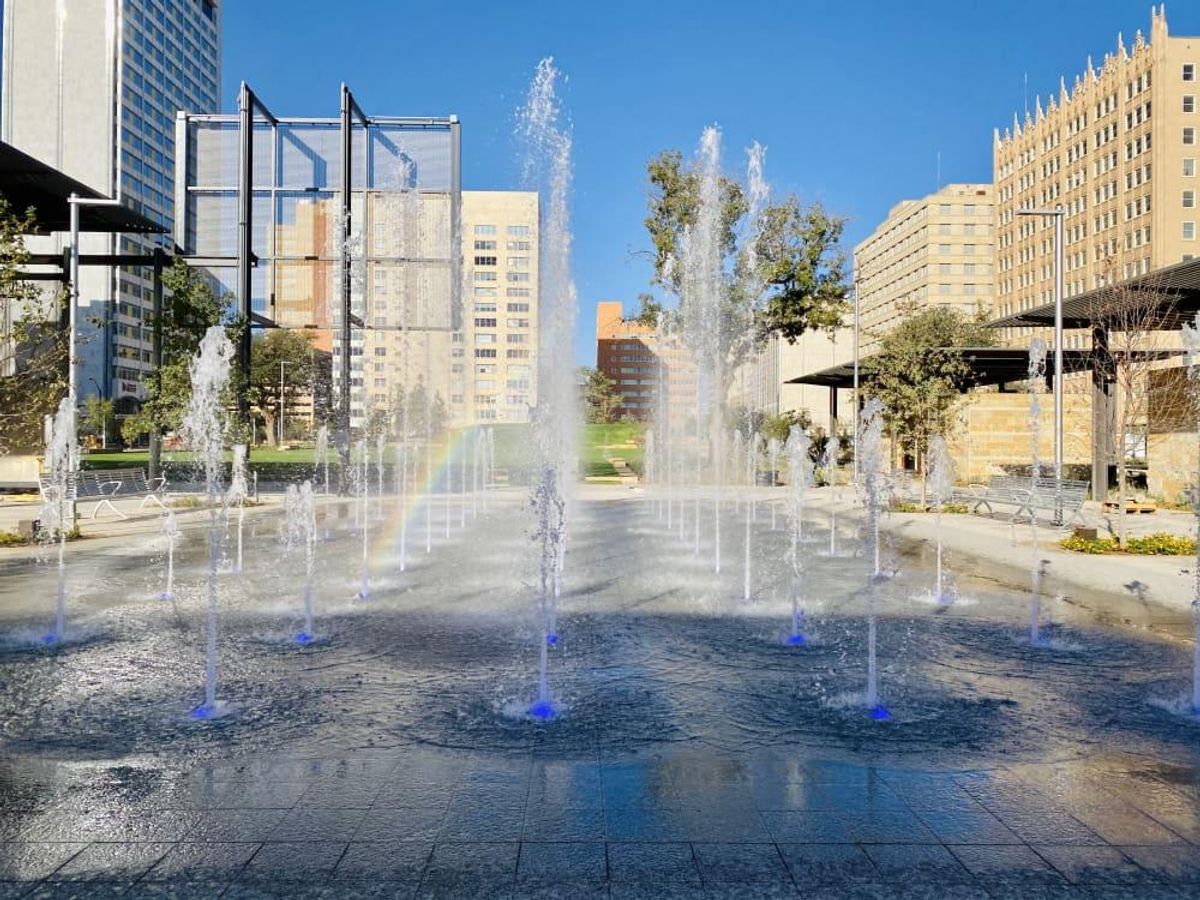 Kids love the splash pad at Centennial Park that transforms into a