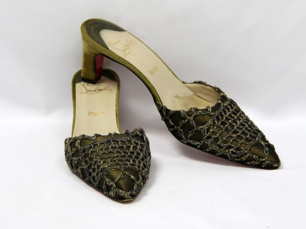 Christian Louboutin taupe taffeta velvet mules