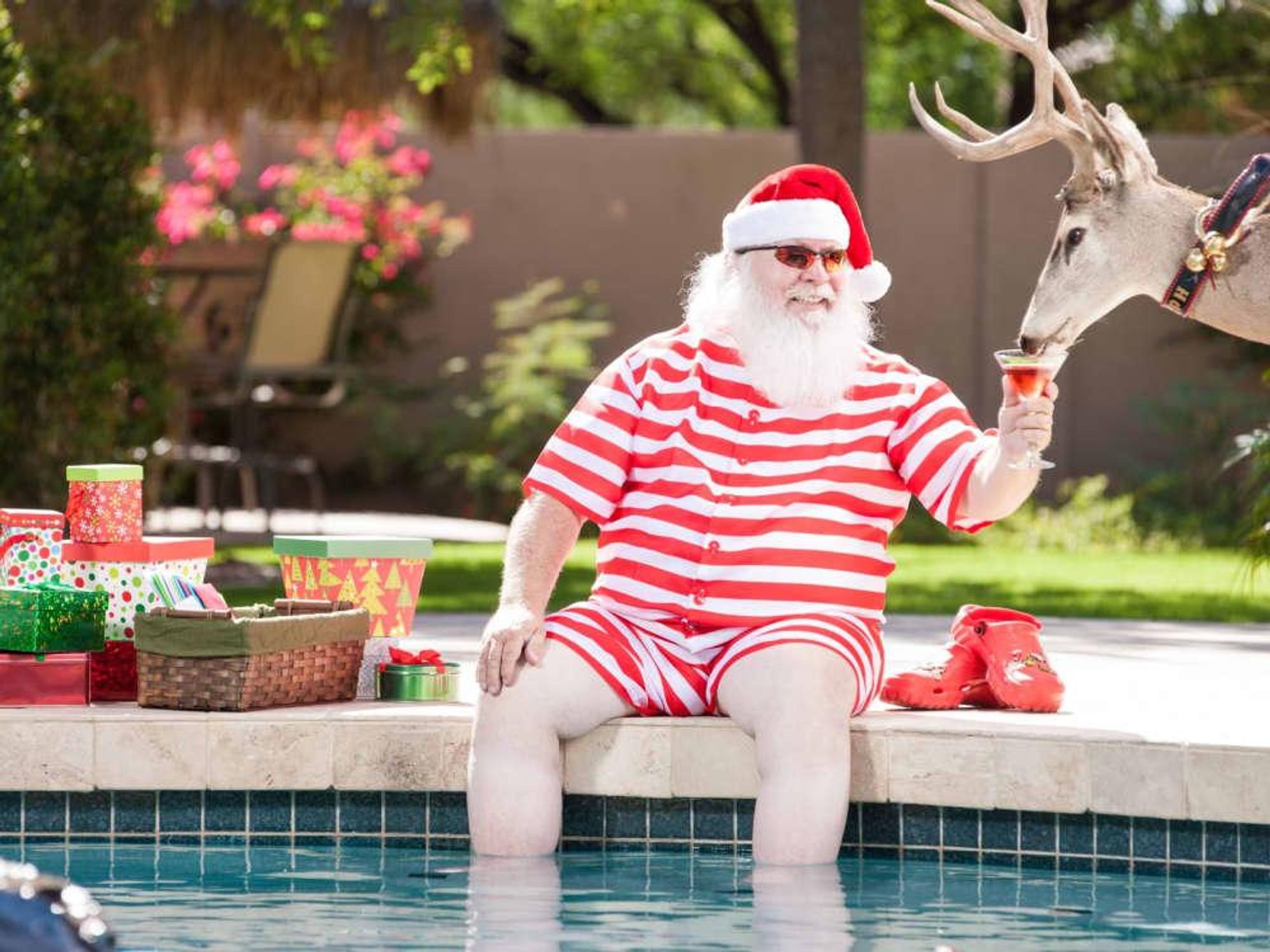Christmas in July, Santa summer, pool, reindeer