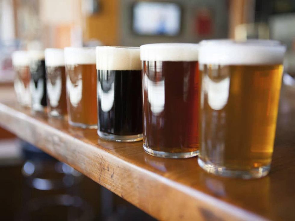 Craft beers along a bar