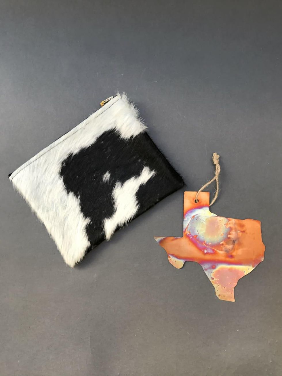 Dallas Antiques Company cowhide pouch and Texas ornament