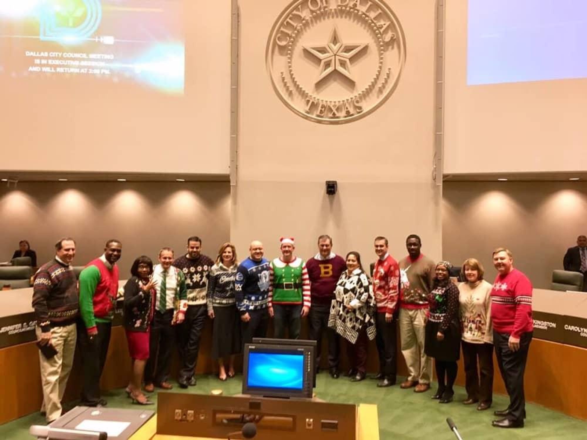 Dallas City Council, ugly Xmas sweater