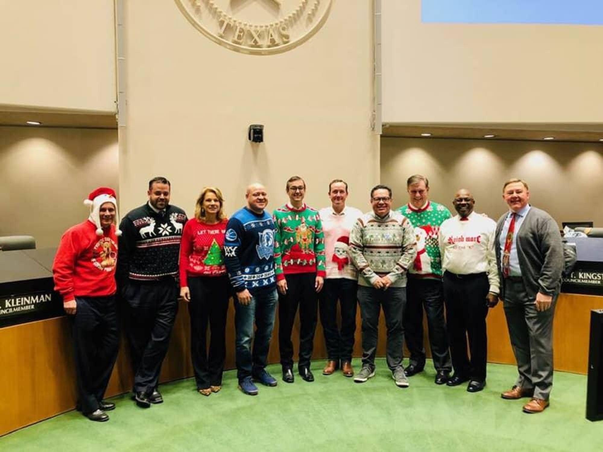 Dallas City Council ugly Xmas sweaters