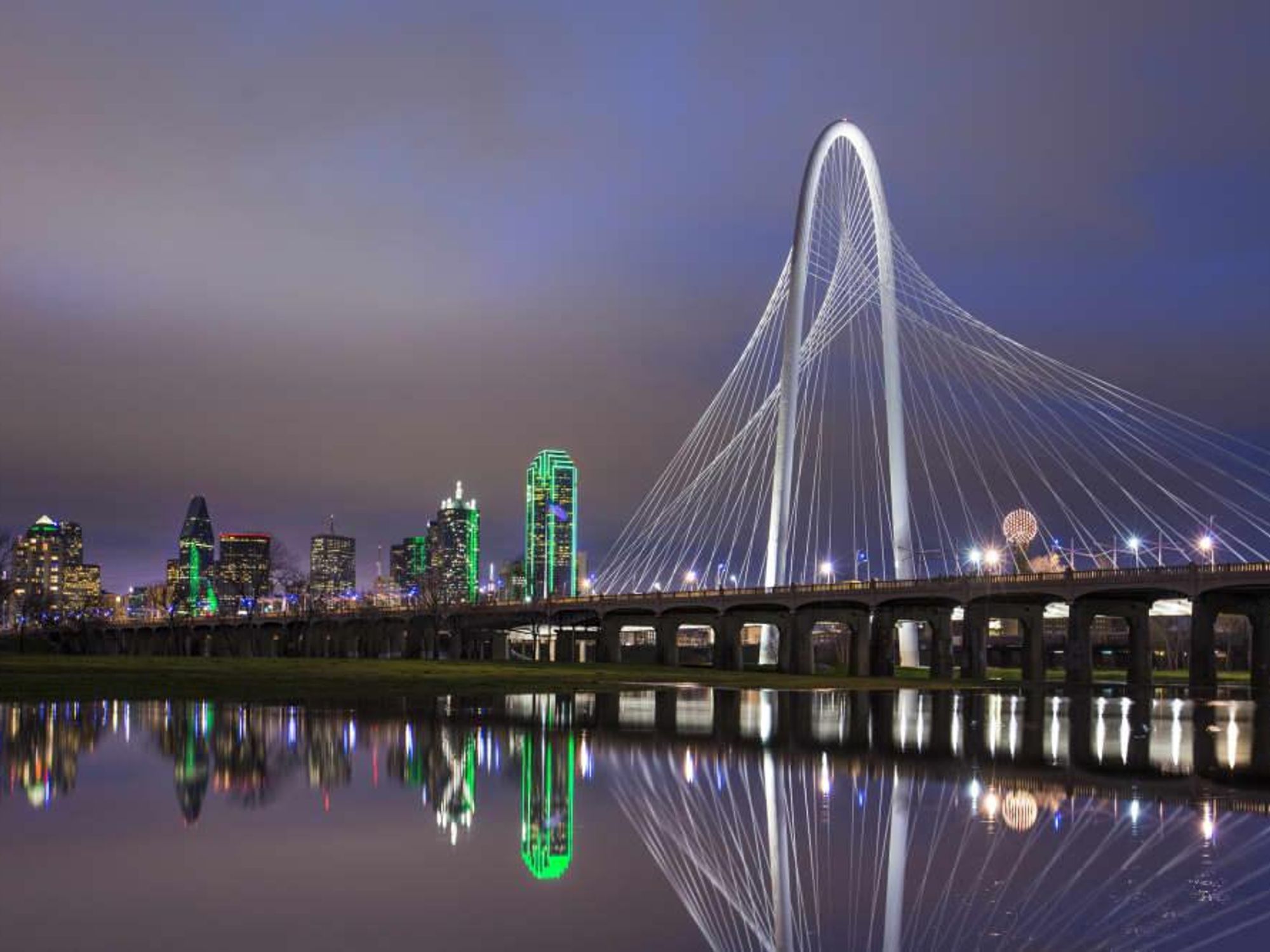 Dallas skyline featuring Margaret Hunt Bridge and Trinity River