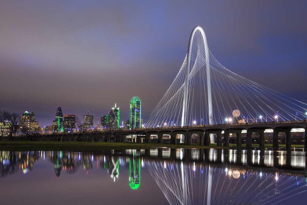 Dallas skyline featuring Margaret Hunt Bridge and Trinity River