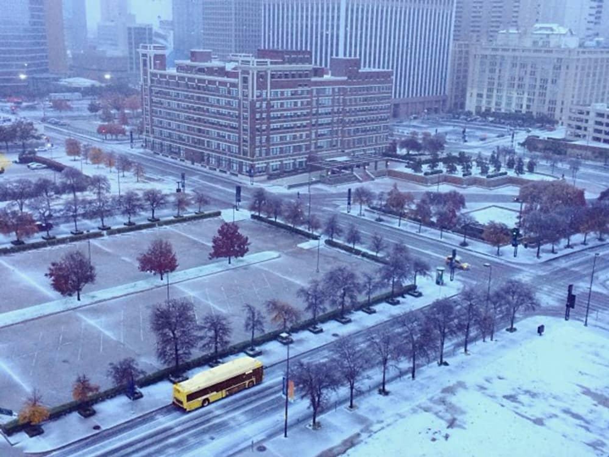 Downtown Dallas covered in ice
