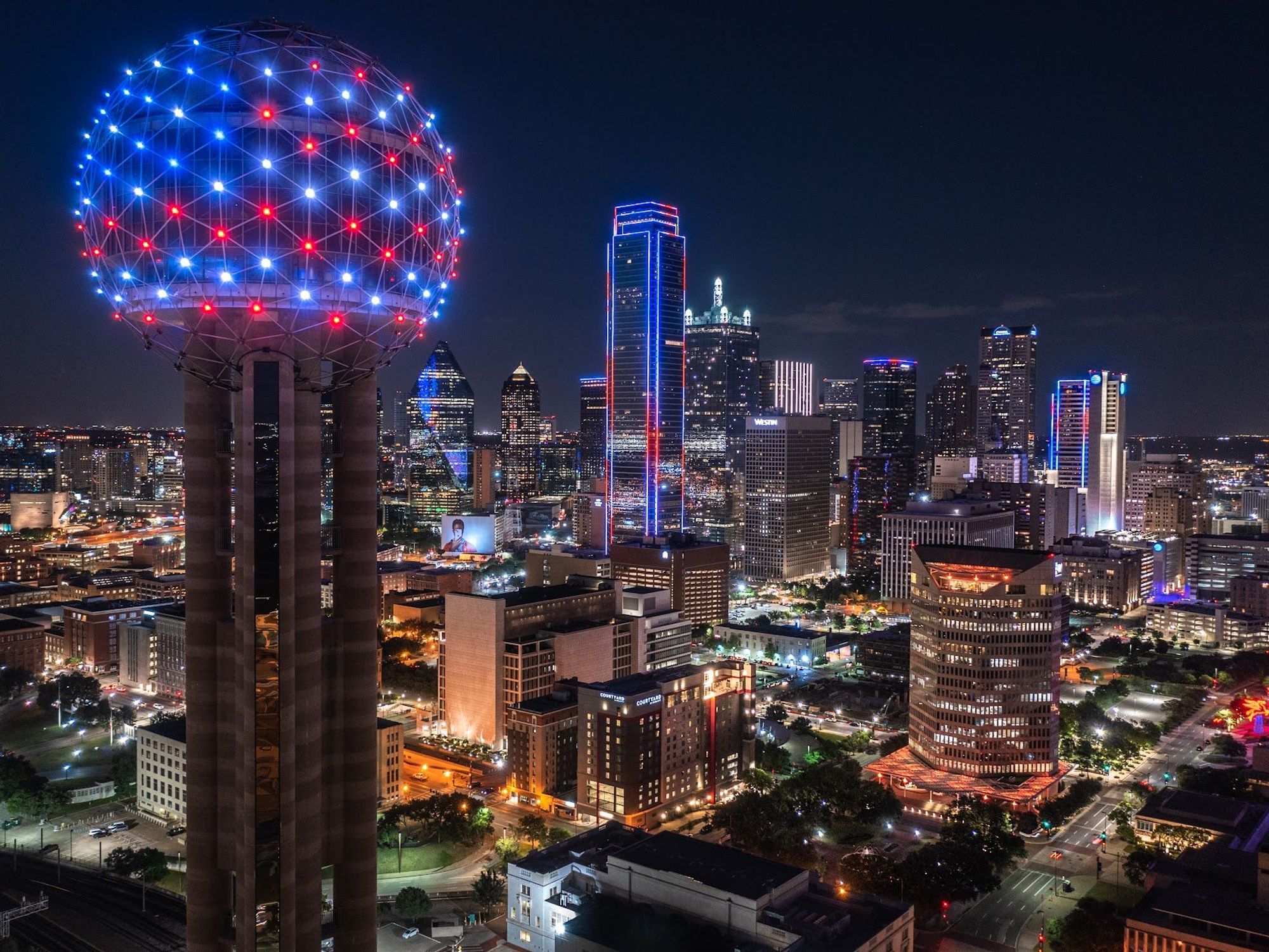 Downtown Dallas skyline lit