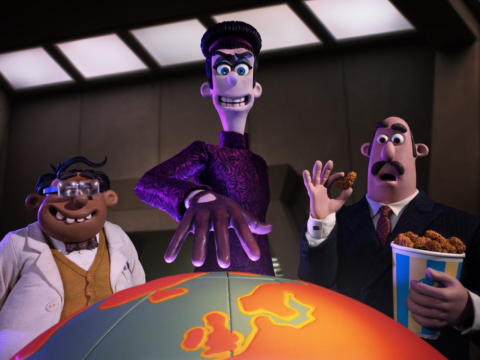 Dr Fry (Nick Mohammed), Mrs. Tweedy (Miranda Richardson), and Reginald Smith (Peter Serafinowicz) in Chicken Run: Dawn of the Nugget