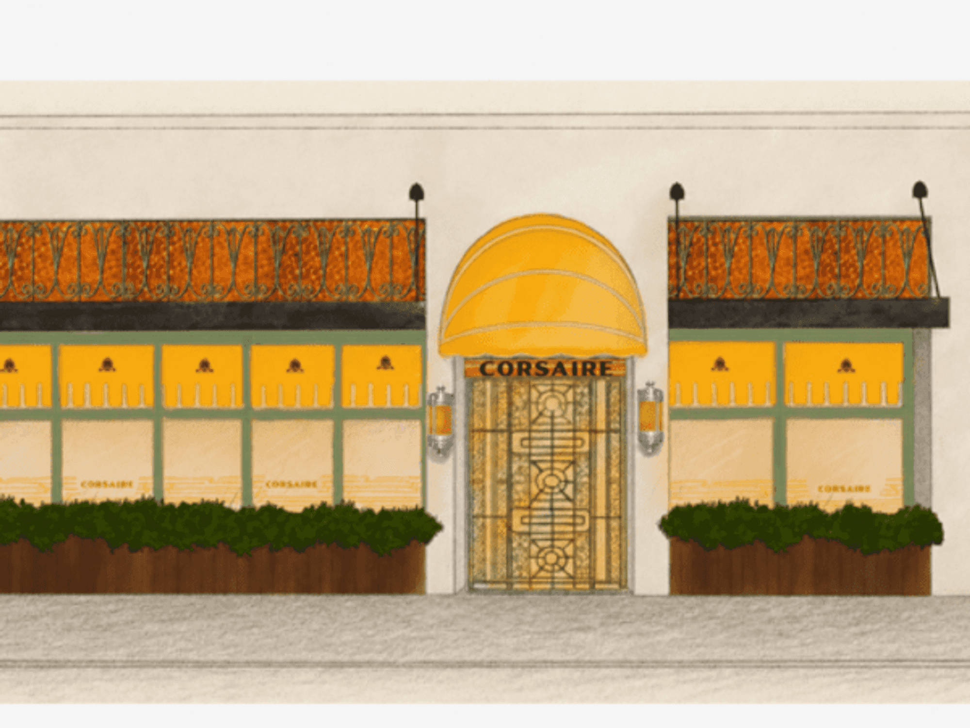 Exterior vision at Corsaire, balancing classic European streetscape charm with modern hospitality functionality.