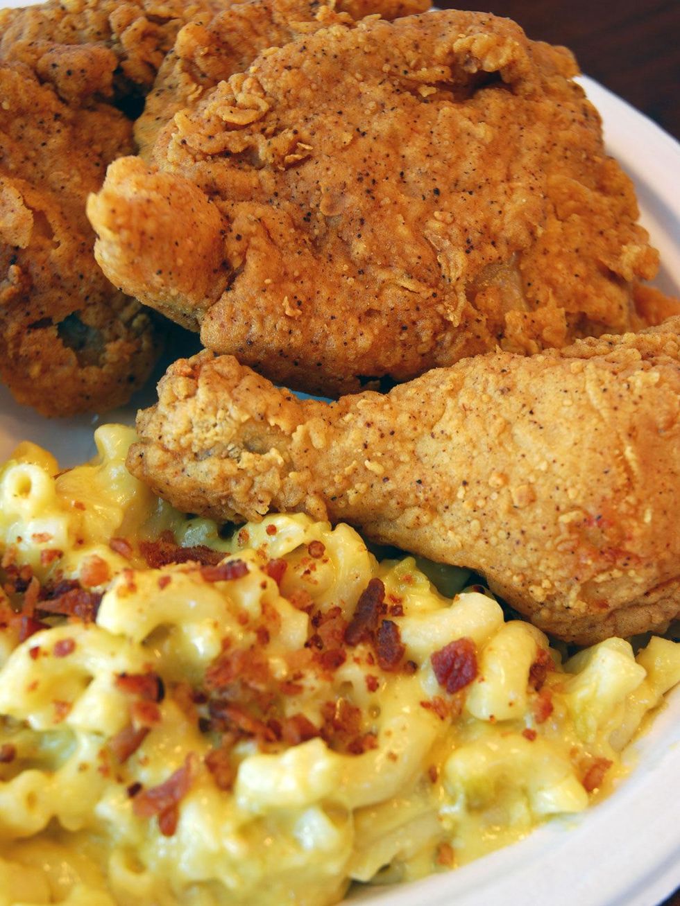 Fried chicken and macaroni and cheese at Pecan Lodge at the Dallas Farmers Market