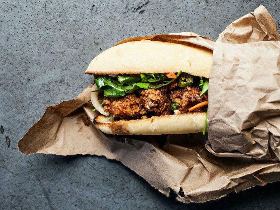 Fried chicken banh mi at Butcher and Bee in Charleston