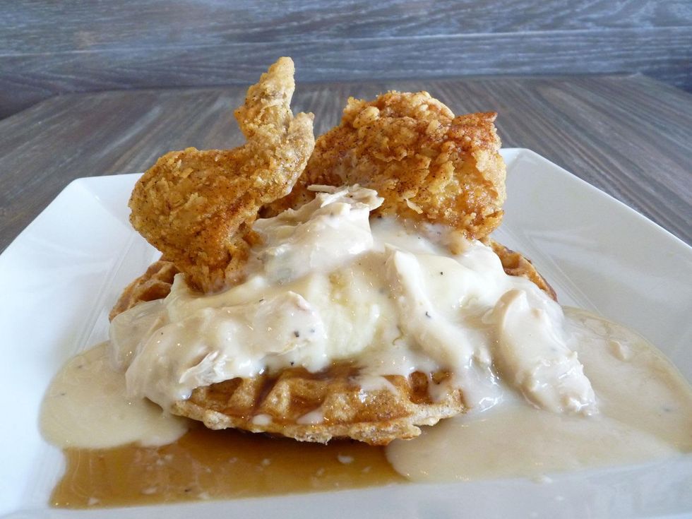 Funky Chicken pancakes with gravy and fried chicken January 2014