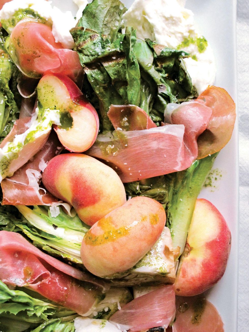 Grilled escarole with peaches, caroline wright, 20 minute 20 dollar meals