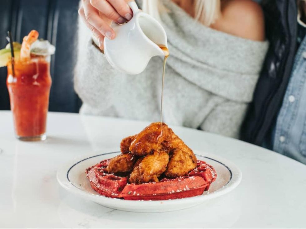 Hudson House chicken & red velvet waffle