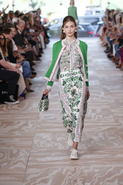 Tory Burch batik print cotton voile blouse and skirt with cotton cardigan  with patches. - CultureMap Dallas
