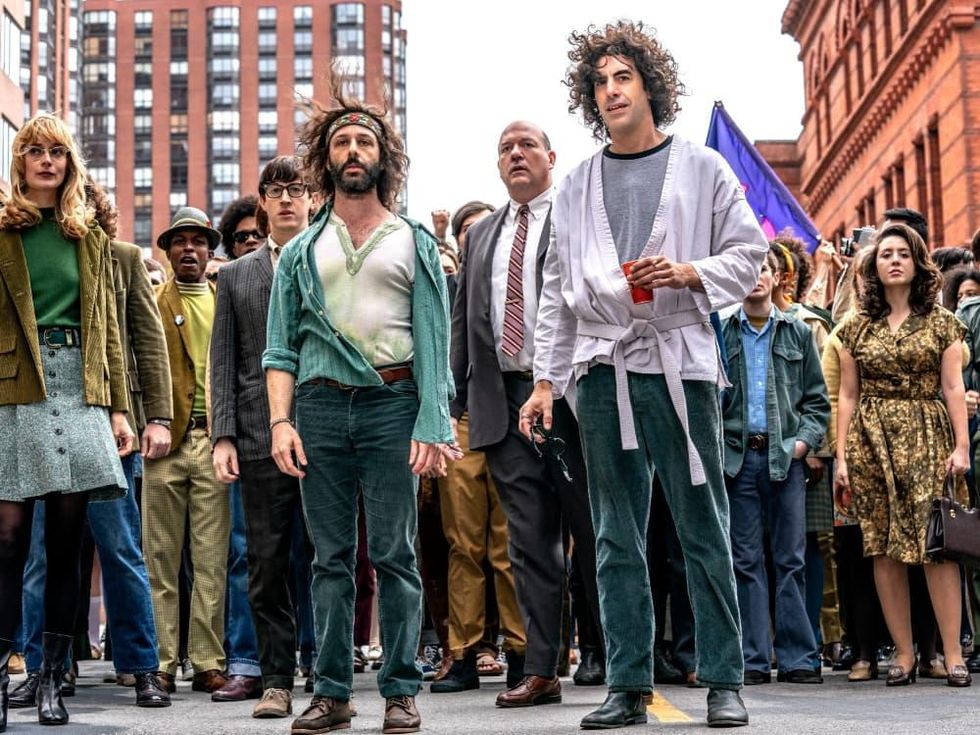 Jeremy Strong, John Carroll Lynch, and Sacha Baron Cohen in The Trial of the Chicago 7