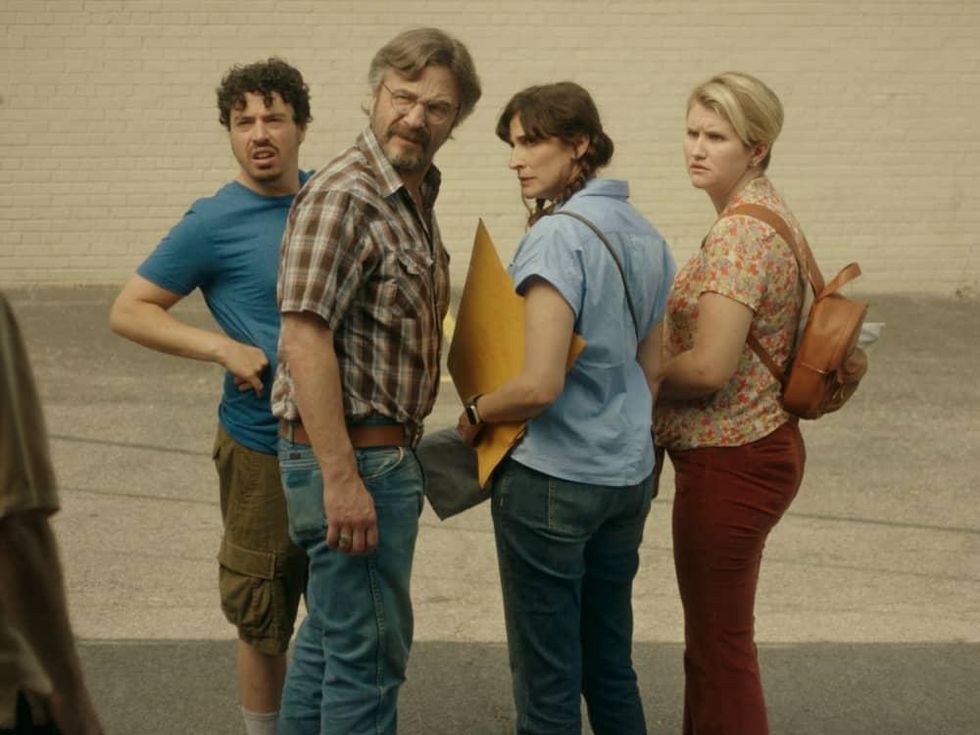 Jon Bass, Marc Maron, Michaela Watkins, and Jillian Bell in Sword of Trust