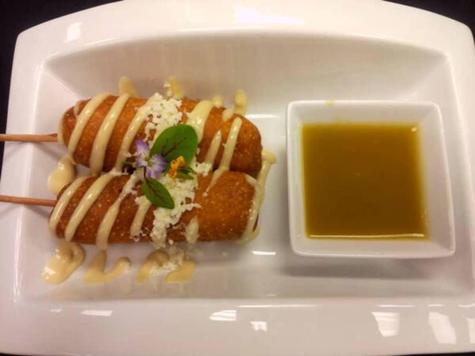 Kevin Spencer's pork belly corn dogs with bourbon mayo