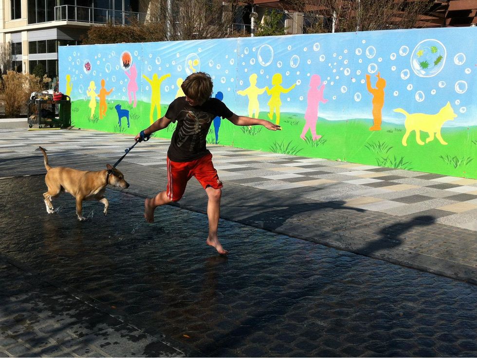 Kid and his dog playing at Klyde Warren Park