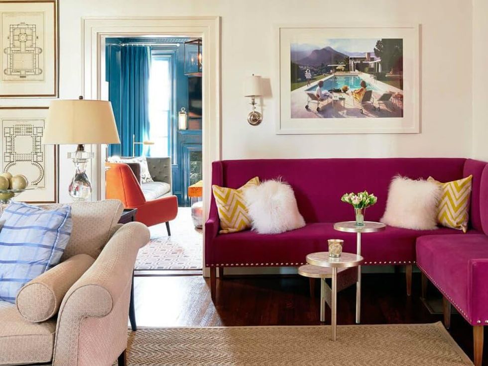 Living room with pink sofa