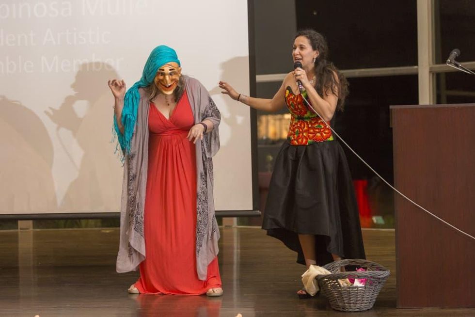 Mask acting demonstration with guest and resident artistic ensemble member and teaching artist Frida Espinosa M\u00fcller