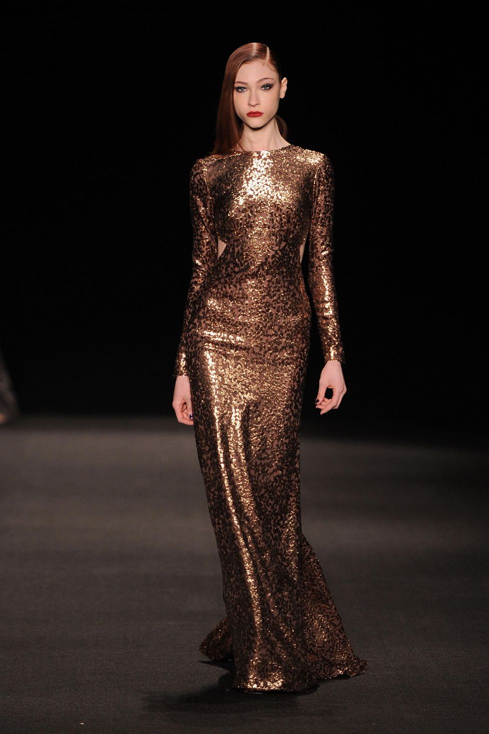 Monique Lhuillier copper burnout velvet long sleeve gown