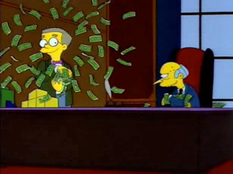 Mr. Burns from the Simpsons having a money fight with Smithers