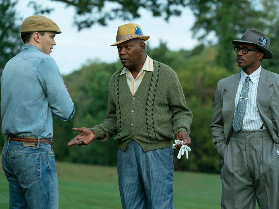 Nicholas Hoult, Samuel L. Jackson, and Anthony Mackie in The Banker