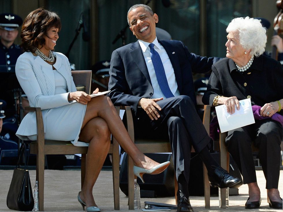 President Barack and Michelle Obama with Barbara Bush at George W. Bush Presidential Center dedication in Dallas