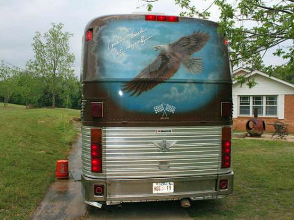 rear view of 1983 Eagle tour bus Willie Nelson with eagle mural
