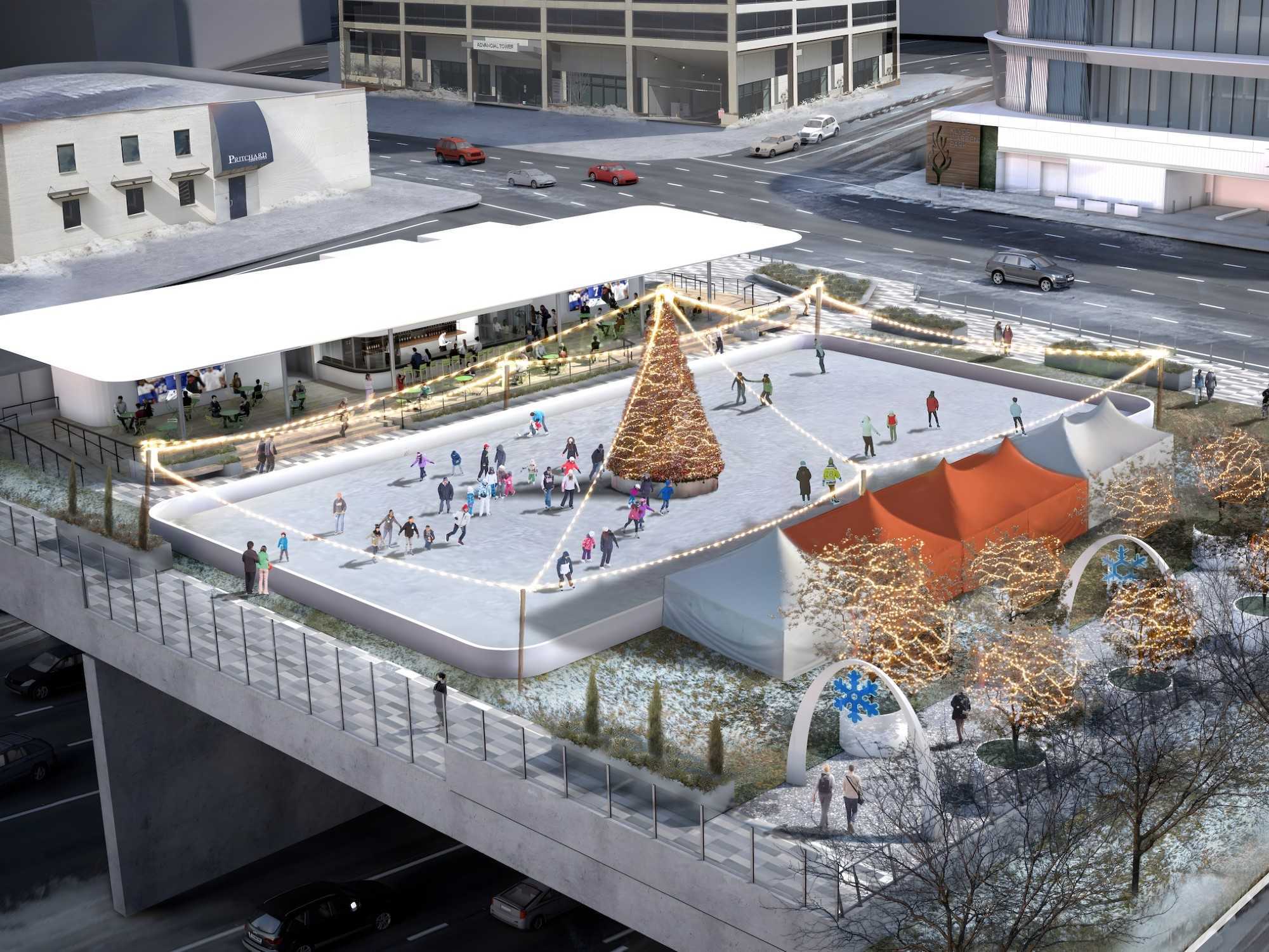 Rendering of ice rink on the new Jacobs Lawn at Klyde Warren Park