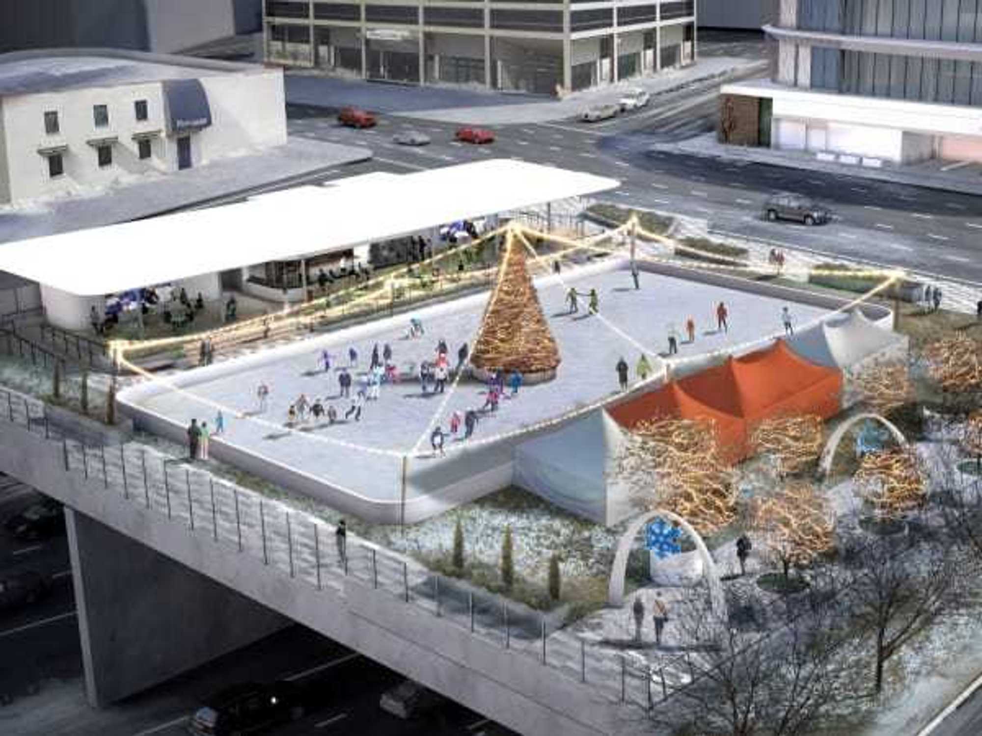 Rendering of ice rink on the new Jacobs Lawn at Klyde Warren Park