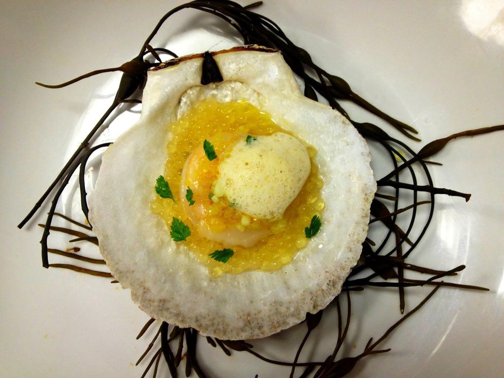 Scallop crudo, apple "caviar," preserved lemon-fennel, vinaigrette, roe emulsion at Driftwood restaurant in Dallas