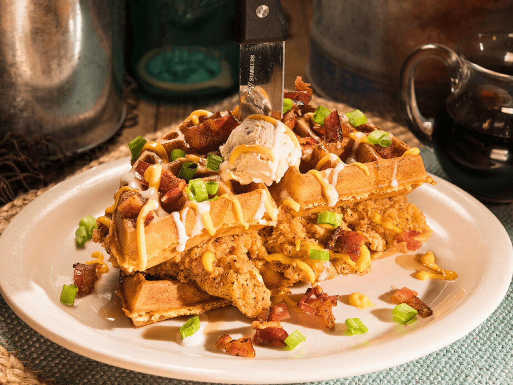 Stacked Chicken and Waffles at Huckleberry's