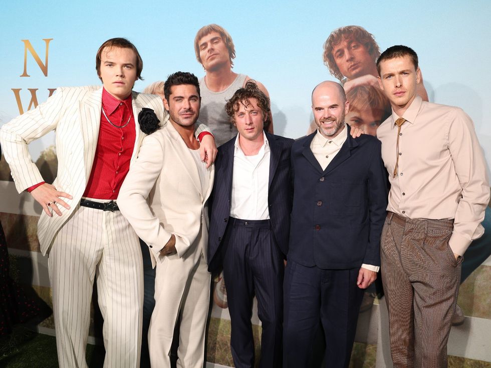 Stanley Simons, Zac Efron, Jeremy Allen White, Sean Durkin, and Harris Dickinson at world premiere of The Iron Claw at the Texas Theatre in Dallas.