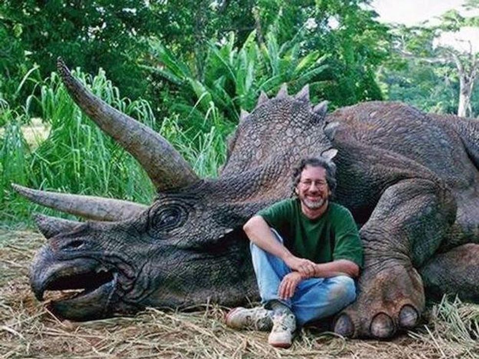 Steven Spielberg with a triceratops