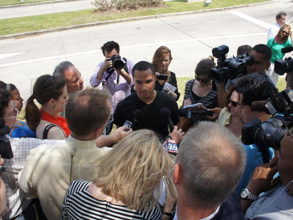 Student Michael Chalfon with press at Lone Star College Cy-Fair press conference