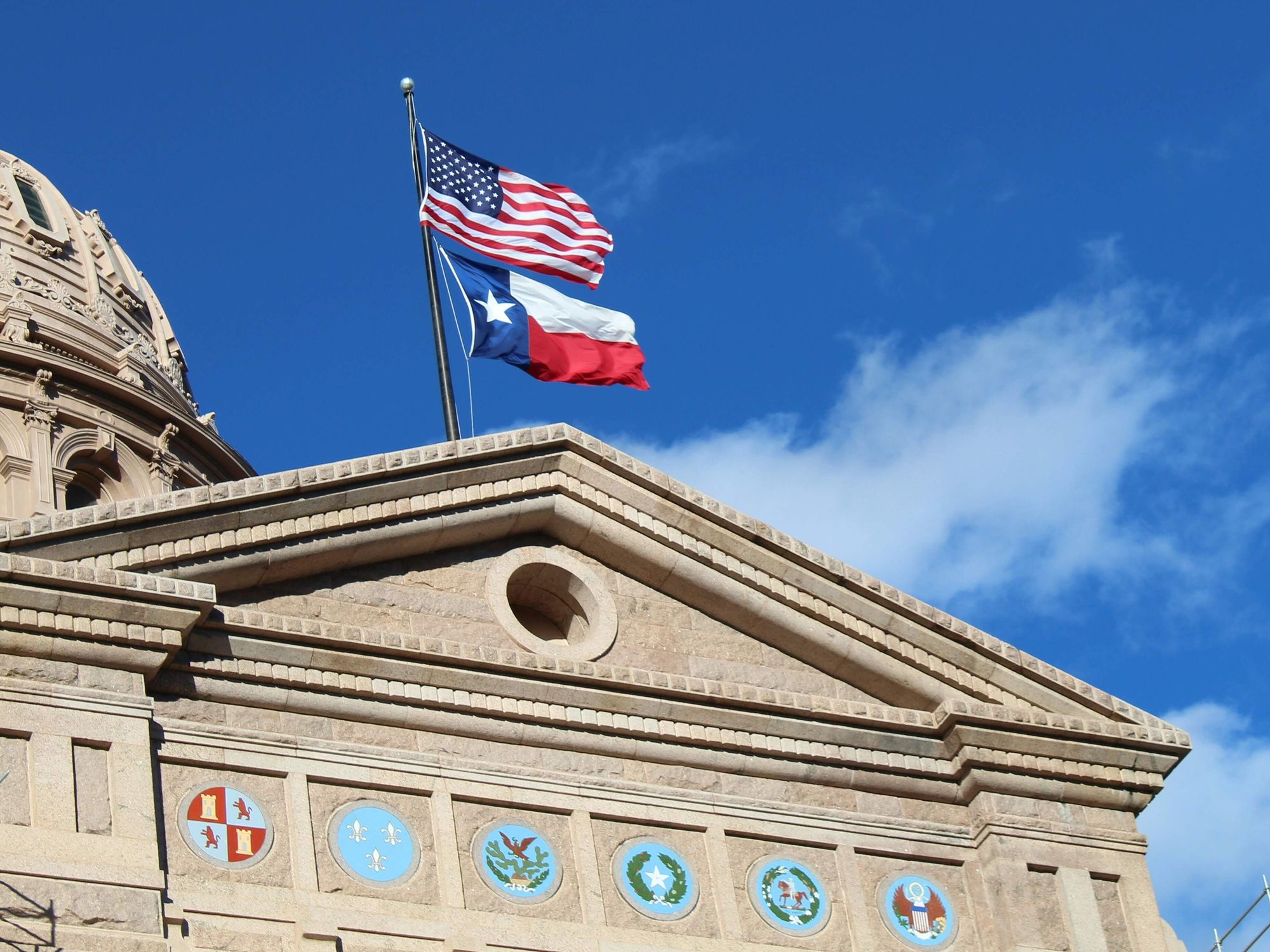 Texas Capitol building, Texas flag, American flag