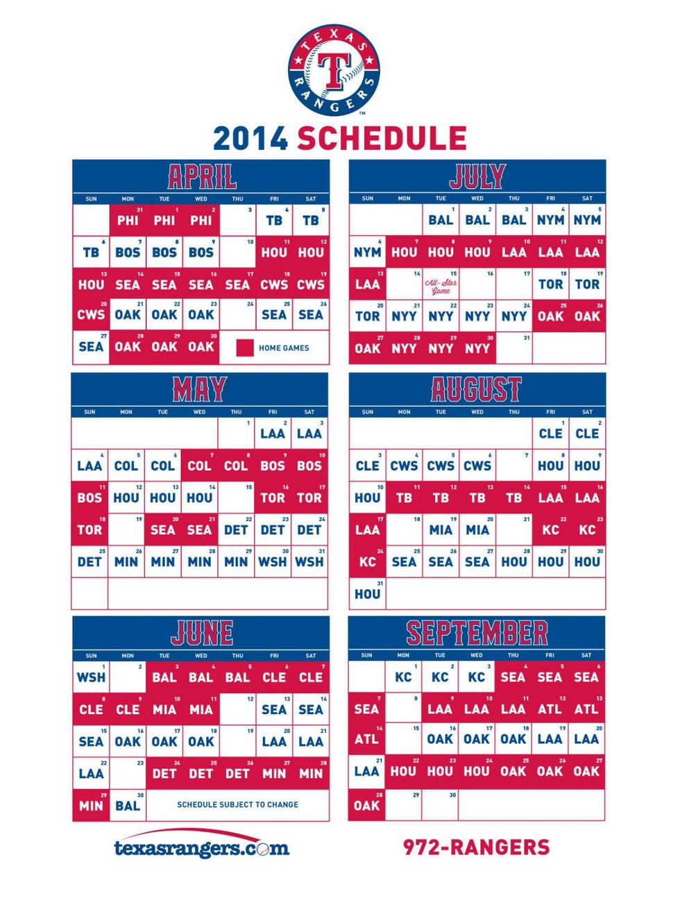 Texas Rangers 2014 schedule